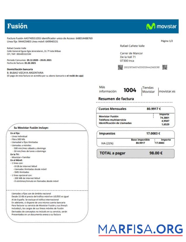 Realistic Spain Movistar Fusion telecom operator utility bill document in Word and PDF format example